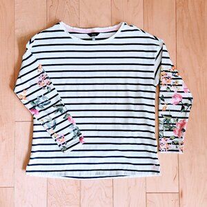 JOULES US sz 8 Women Harbour Floral Printed Cotton Jersey Top Navy White Stripes